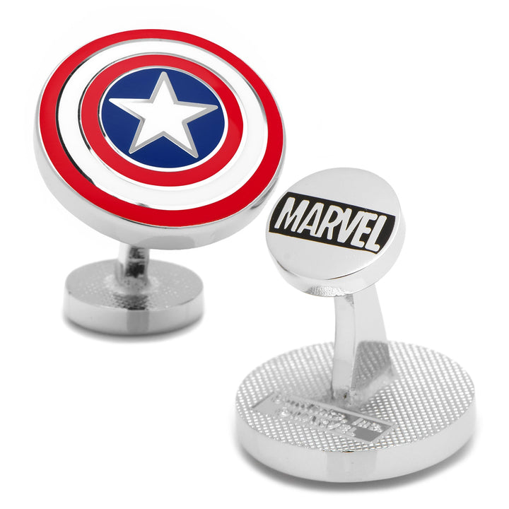 Marvel Captain America Shield Cufflinks: one featuring a red, white, and blue star shield, the other engraved with “MARVEL” on a circular silver face.