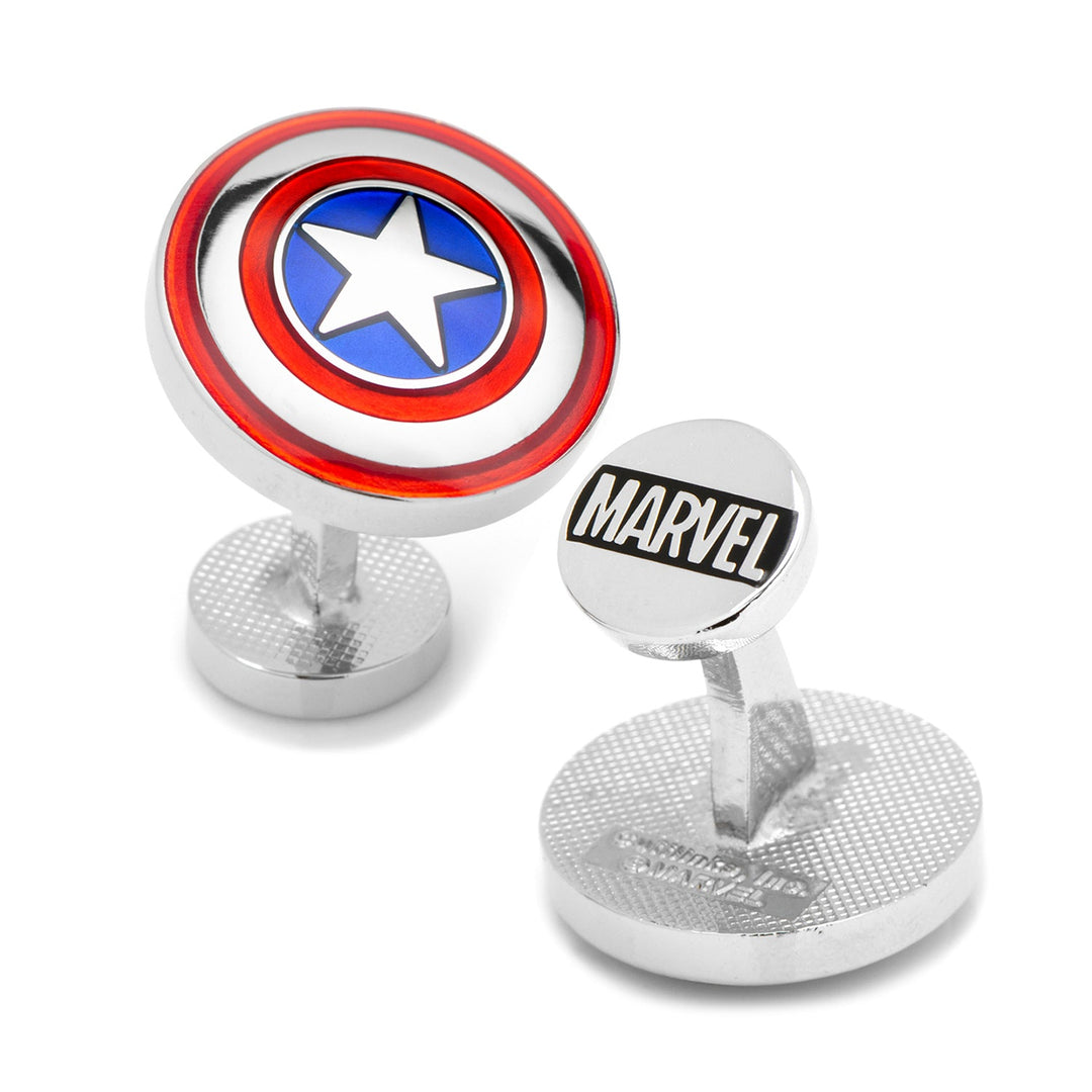Marvel Avengers Captain America Shield Cufflinks featuring one red, white, and blue shield design and one Marvel logo.