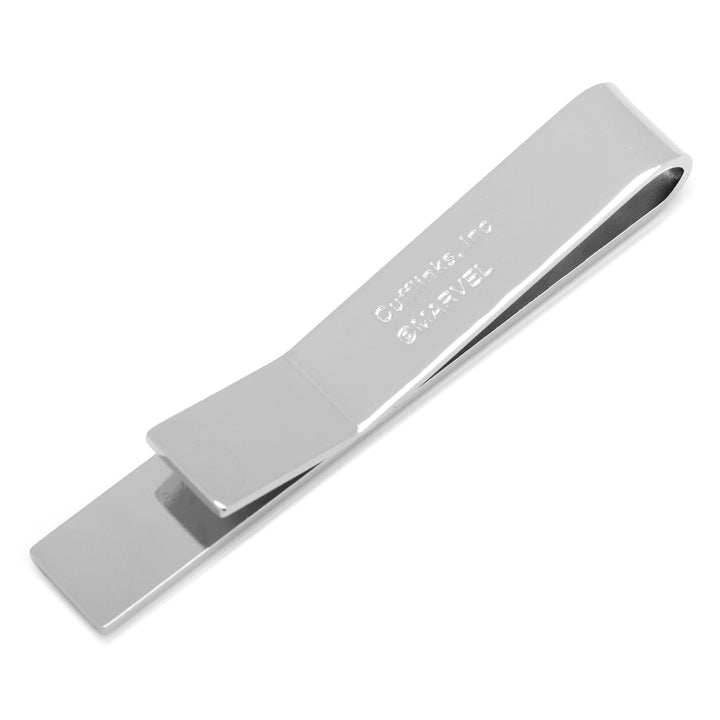 Silver-tone Marvel Captain America Shield Tie Bar featuring a metal emblem and etched branding on the surface.
