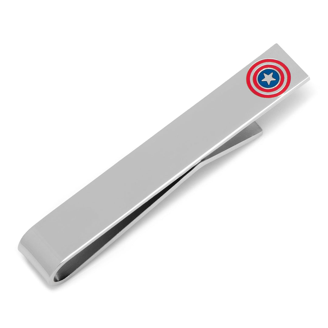Marvel Captain America Shield Tie Bar, a silver-plated accessory featuring a red, white, and blue star emblem at one end.