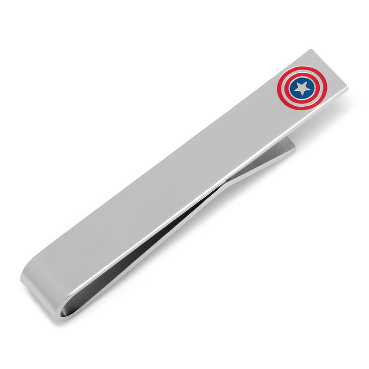 Marvel Captain America Shield Tie Bar, a silver-plated accessory featuring a red, white, and blue star emblem at one end.