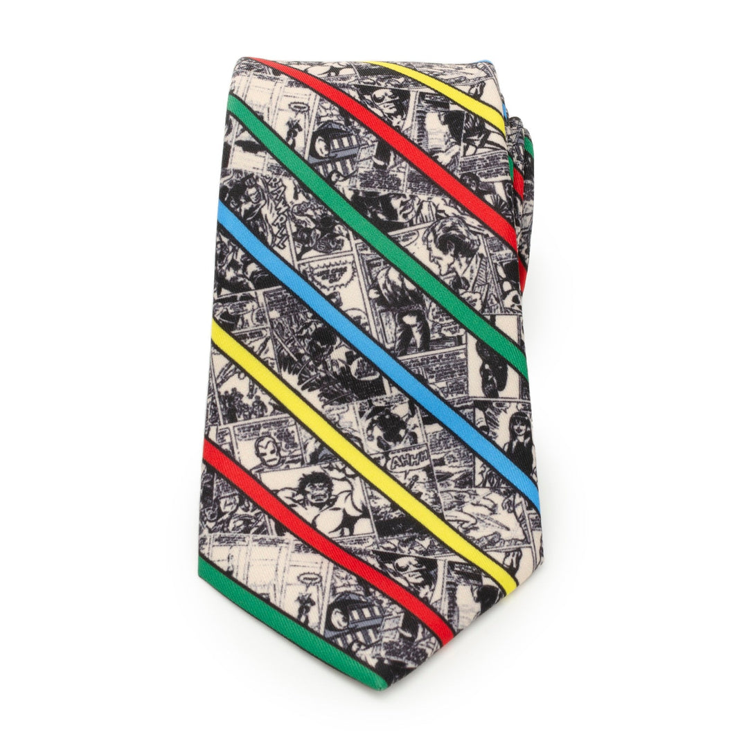 Marvel Comic Stripe Tan Men’s Tie in tan featuring a black-and-white comic book panel pattern overlaid with diagonal stripes in red, yellow, blue, and green.