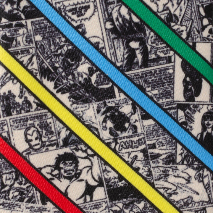 Marvel Comic Stripe Tan Men’s Tie featuring black-and-white comic book panels of superheroes overlaid with diagonal yellow, blue, red, and green stripes.