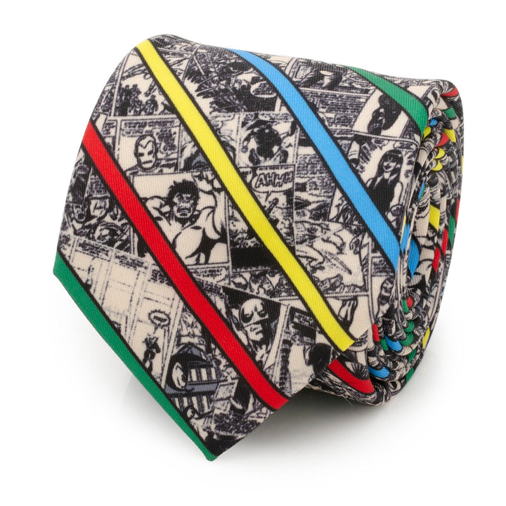 A Marvel Comic Stripe Tan Men’s Tie featuring a black-and-white comic book panel print accented by diagonal red, yellow, blue, and green stripes.
