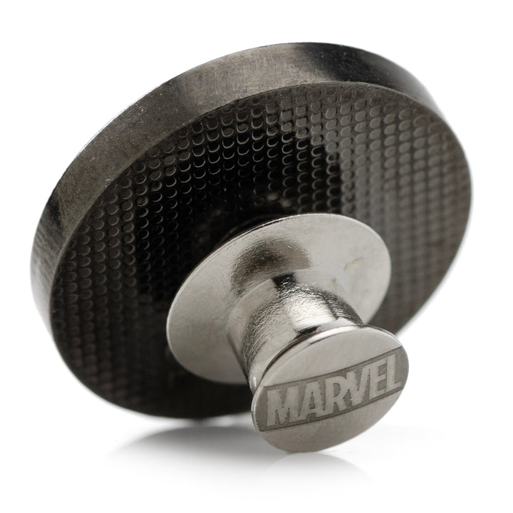 Marvel Daredevil Embossed Logo Lapel Pin, a dark metal pin with a textured circular base and a small clasp backing featuring the embossed word “MARVEL.”