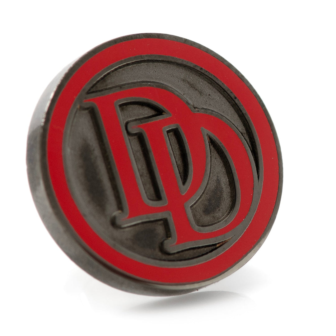 Marvel Daredevil Embossed Logo Lapel Pin featuring a red “DD” logo centered on a black background with a red circular border.