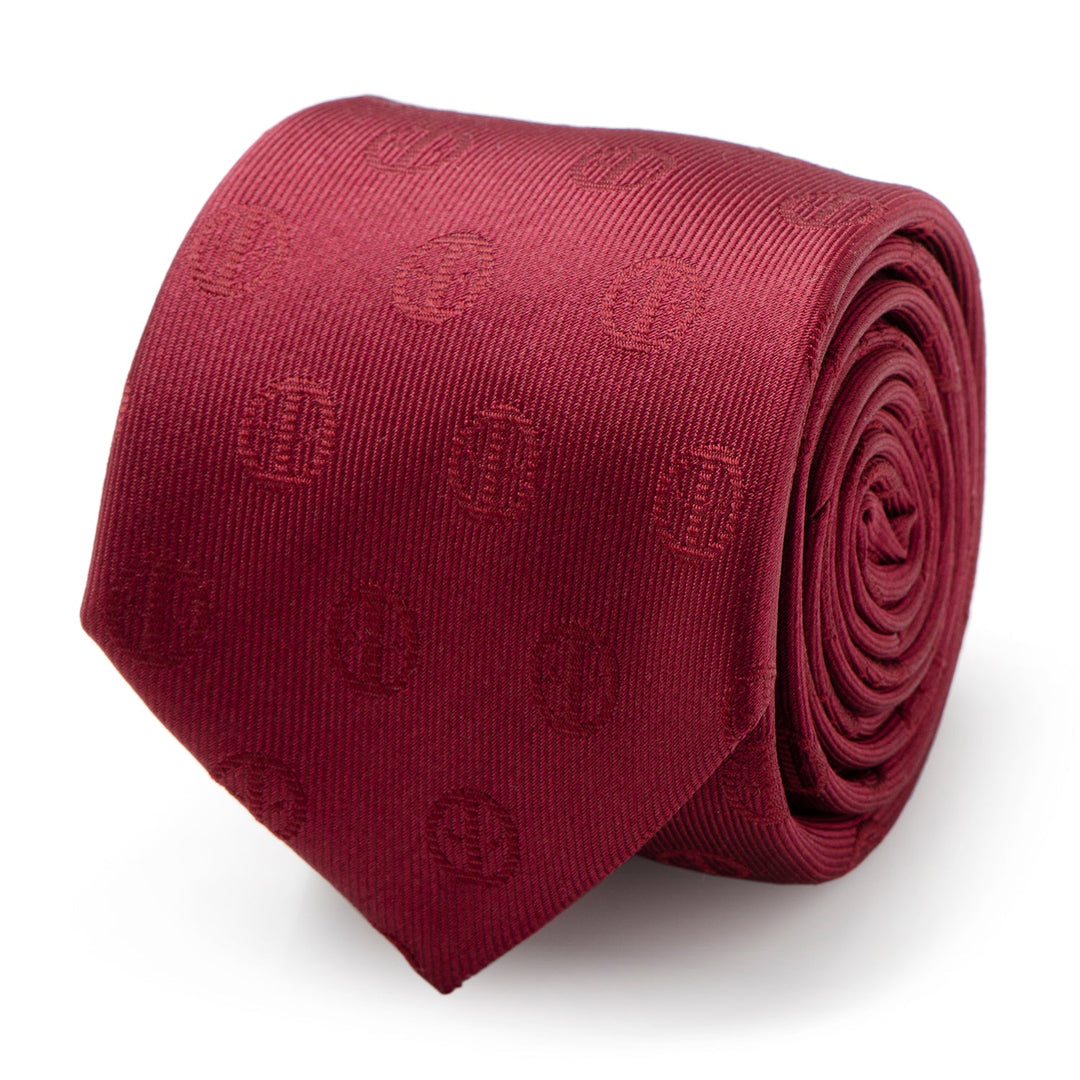 A rolled-up Marvel Deadpool Maroon Men’s Tie in maroon, featuring a repeating circular logo pattern.
