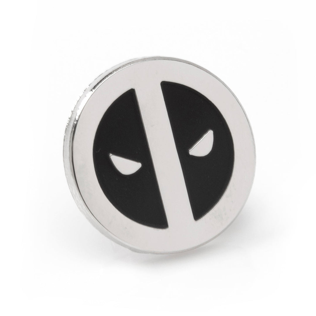 A Marvel Deadpool Silver Mask Lapel Pin featuring a round silver-toned mask and the black-and-silver logo.