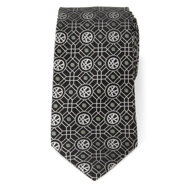 Marvel Doctor Strange Men’s Black Tie featuring a repeating white geometric pattern and circular insignias.