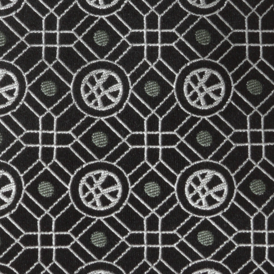 Marvel Doctor Strange Men’s Black Tie featuring a repeating geometric pattern of silver lines, circles, and a wheel-spoke emblem.