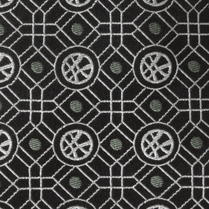 Marvel Doctor Strange Men’s Black Tie featuring a repeating geometric pattern of silver lines, circles, and a wheel-spoke emblem.