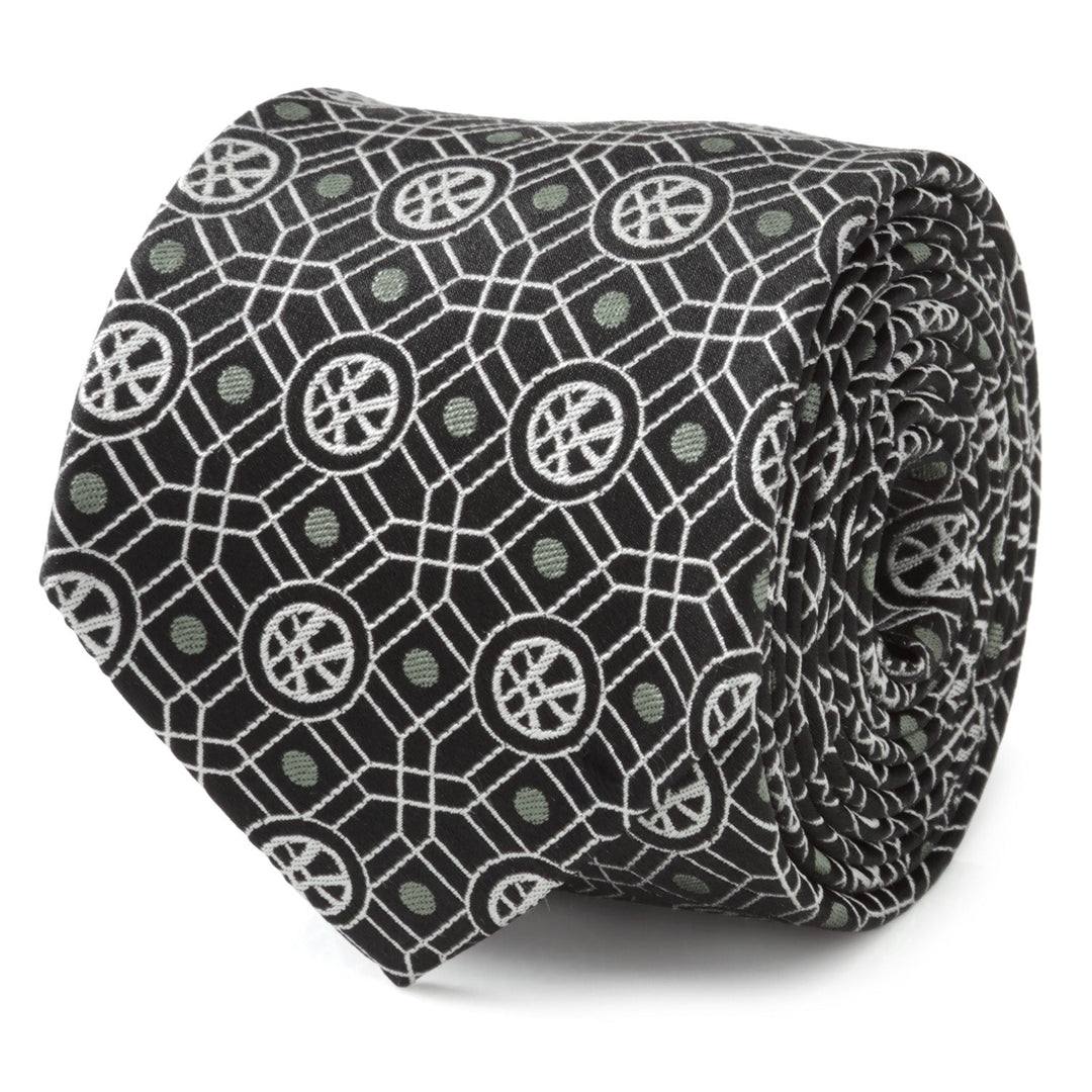 Marvel Doctor Strange Men’s Black Tie featuring a white geometric grid pattern with repeating circular symbols and small green dots.