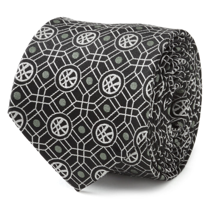 Marvel Doctor Strange Men’s Black Tie featuring a white geometric grid pattern with repeating circular symbols and small green dots.
