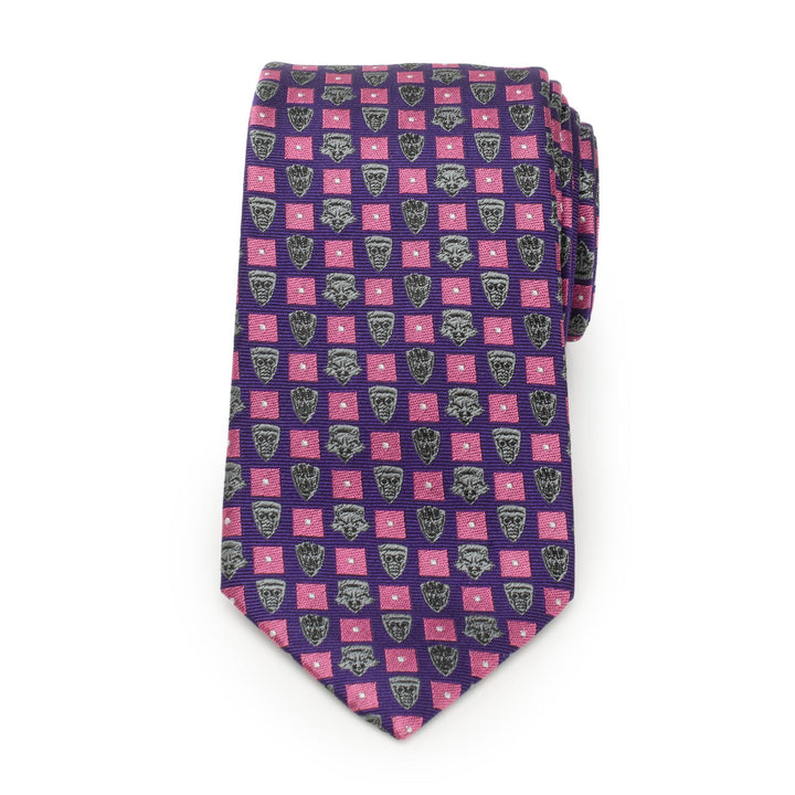 Marvel Guardian’s of the Galaxy Purple Men’s Tie featuring a repeating checkerboard pattern of pink squares and grey illustrated character icons.