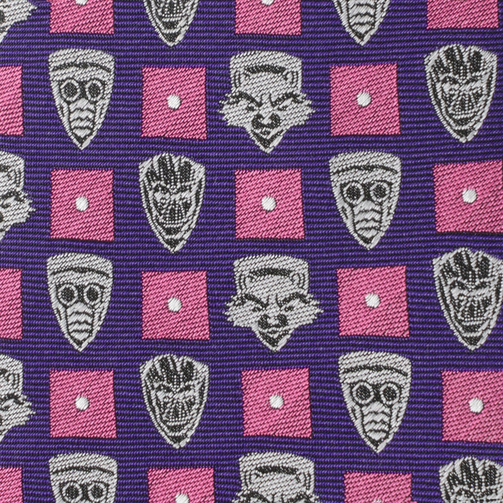 Marvel Guardian’s of the Galaxy Purple Men’s Tie in silk, featuring a repeating pattern of white comic book character masks, pink squares, and white dots.