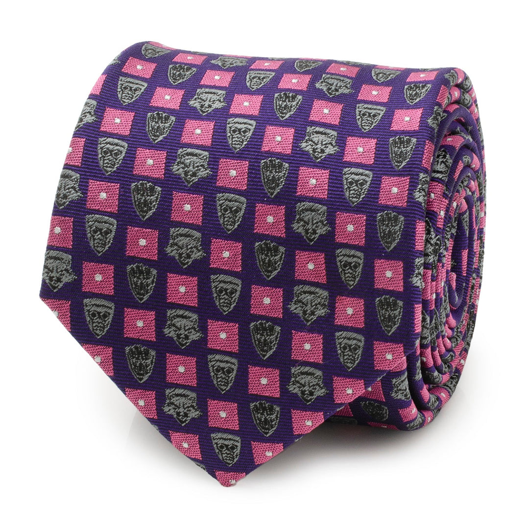 Marvel Guardian’s of the Galaxy Purple Men’s Tie with a repeating grid pattern of pink squares, white dots, and grey character emblems.