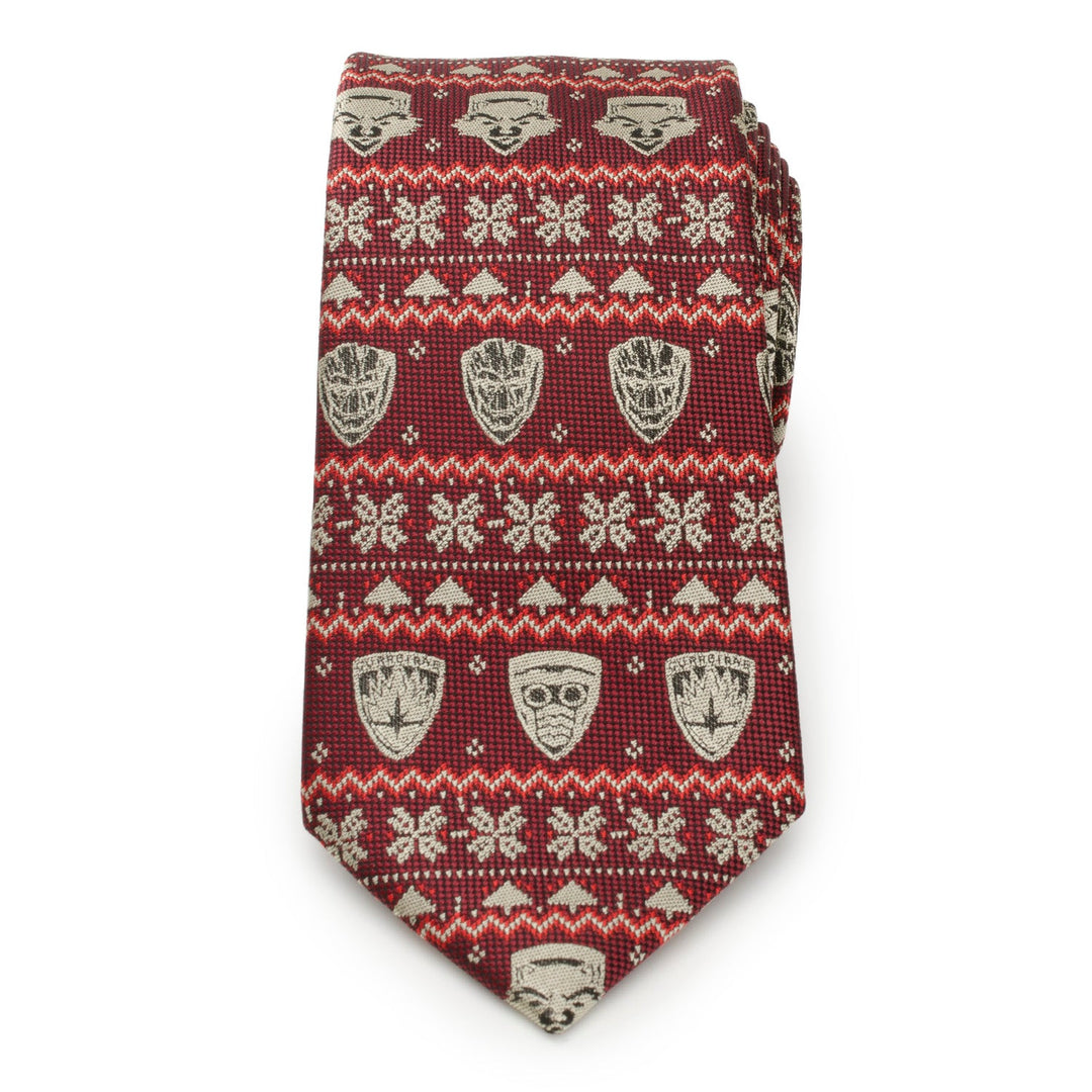 Marvel Guardians of the Galaxy Fair Isle Red Men’s Tie featuring repeating character masks and geometric snowflake motifs.