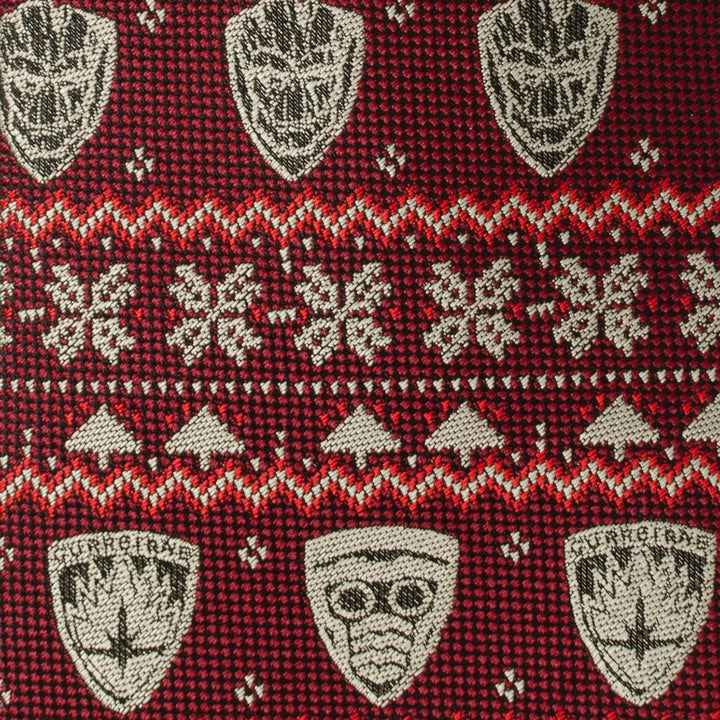 Marvel Guardians of the Galaxy Fair Isle Red Men’s Tie in red and black knit, featuring a pattern of Groot and Rocket Raccoon faces, snowflakes, and pine trees.