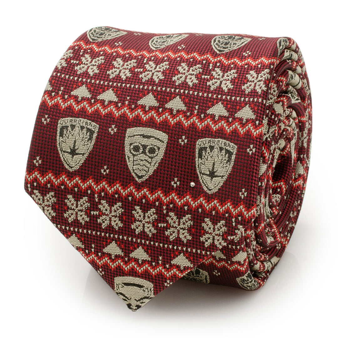 Marvel Guardians of the Galaxy Fair Isle Red Men’s Tie featuring a repeating pattern of Star-Lord masks and geometric shapes in an ugly Christmas sweater style.