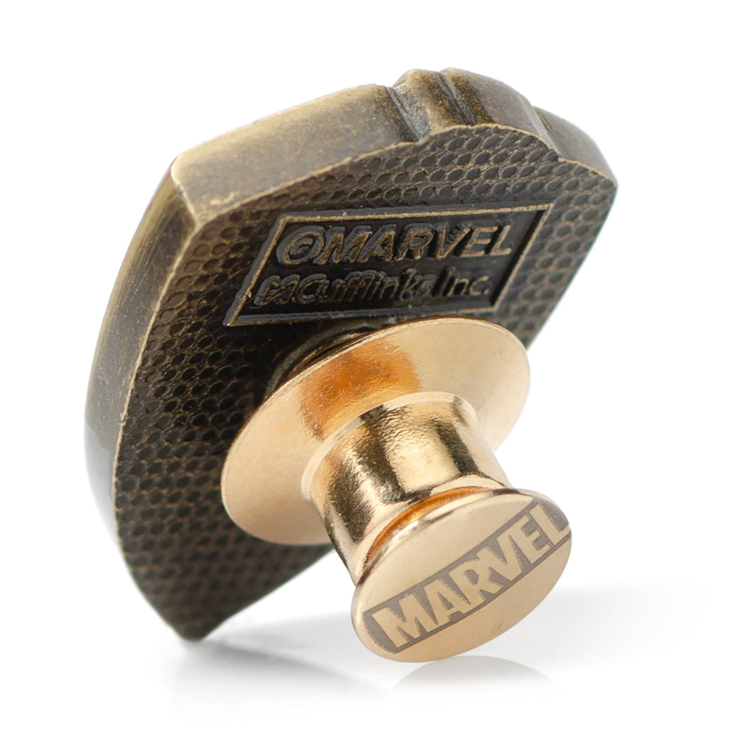 Back view of the Marvel Guardians of the Galaxy Groot Lapel Pin showing the clutch, embossed Marvel logo, and manufacturer information.