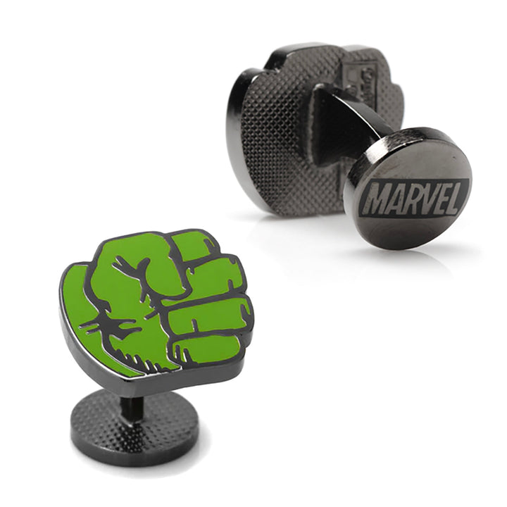 Marvel Hulk Comics Pair Cufflinks: one shaped like a green fist and the other a round head embossed with the Marvel logo.
