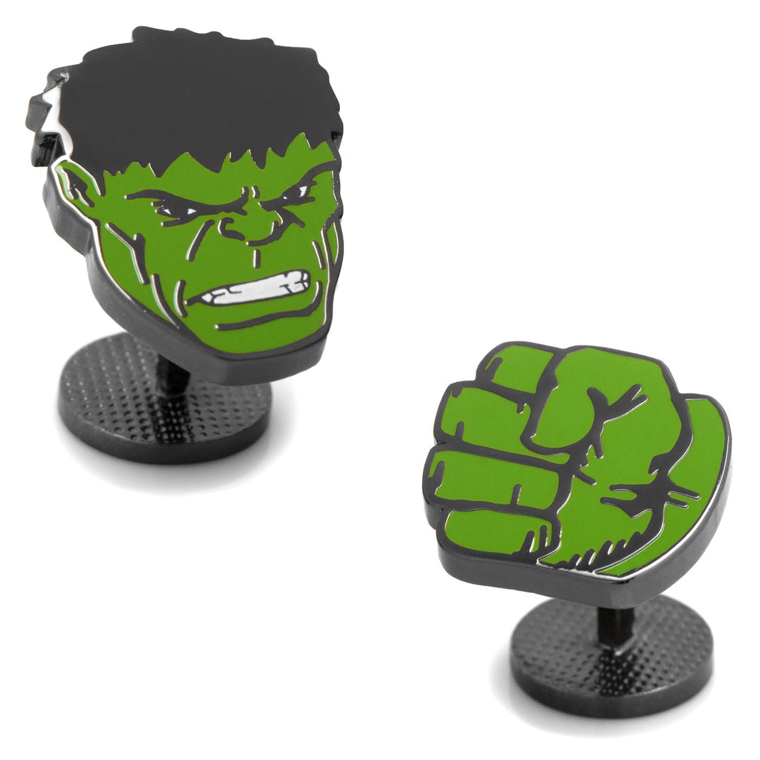 Marvel Hulk Comics Pair Cufflinks featuring a green Hulk head on one and a green Hulk fist on the other.
