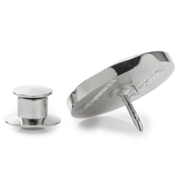 Back view of the silver-tone circular Marvel Hawkeye Lapel Pin, shown with its separate pin back clutch.