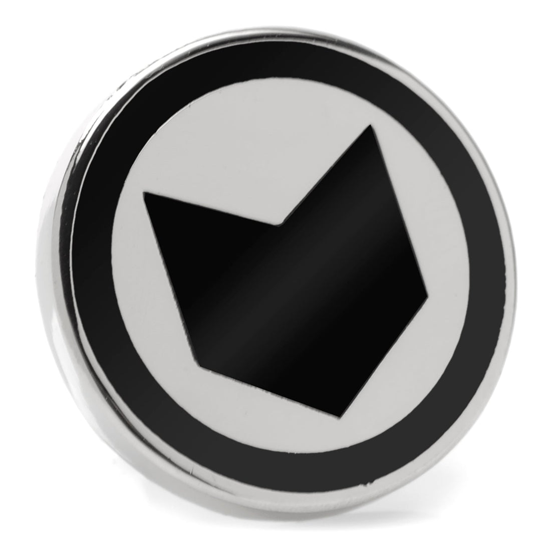 Marvel Hawkeye Lapel Pin featuring a round metal design with a black circular border and a central black chevron shape on a silver background.