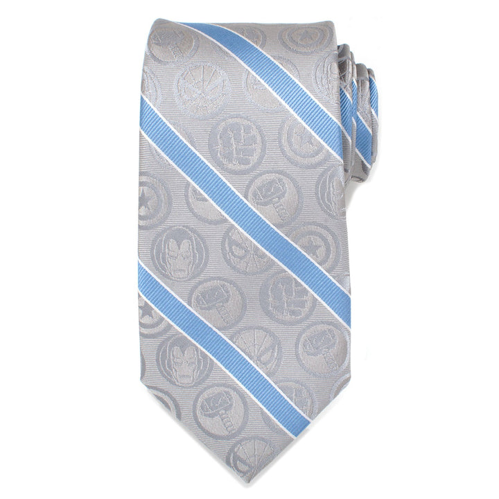 Marvel Comics Gray and Blue Stripe Men’s Tie in gray silk with a blue diagonal stripe pattern and an all-over debossed print of Marvel superhero icons.