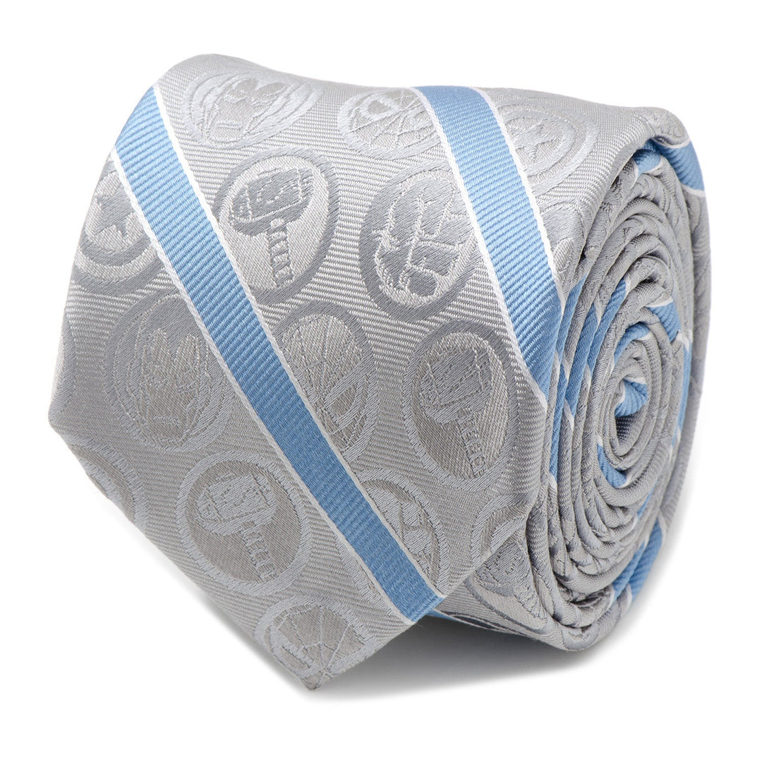 Rolled Marvel Comics Gray and Blue Stripe Men’s Tie featuring diagonal light blue stripes and a repeating pattern of Marvel Comics emblems in circles.