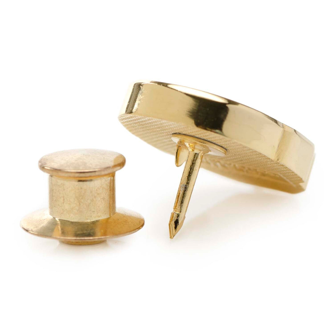 Gold-colored metal Marvel Iron Man Helmet Lapel Pin shown with its separate clutch backing.