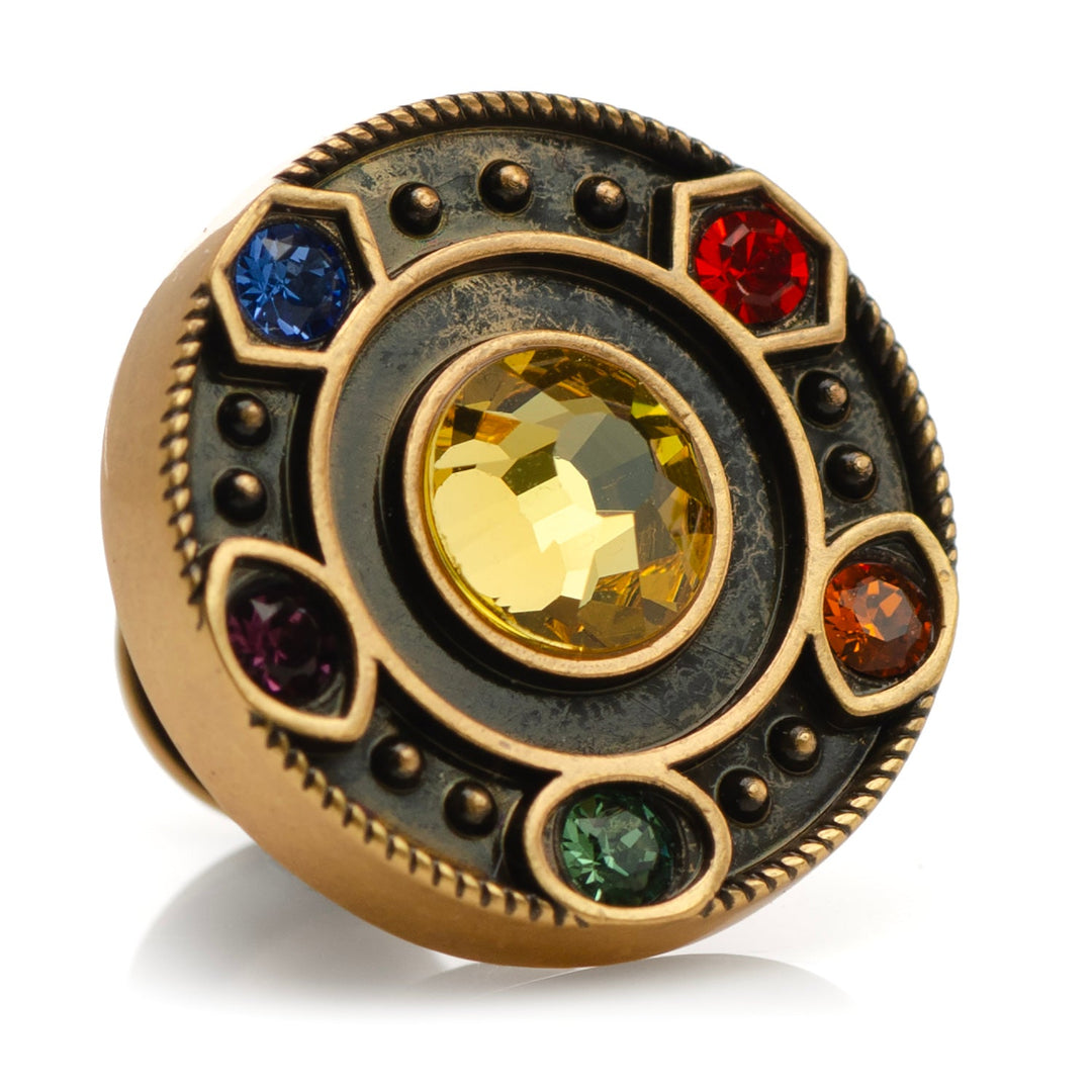 Marvel Avengers Infinity Stones Antique Gold Lapel Pin featuring a large central yellow stone surrounded by smaller blue, red, orange, green, and purple stones.