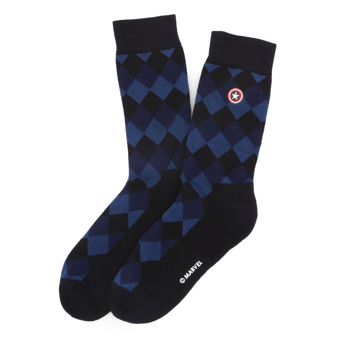 Blue and black argyle Marvel Argyle 3 Socks Pack and Lapel Pin Gift Set featuring a Captain America shield icon near the cuff and a logo on the foot.
