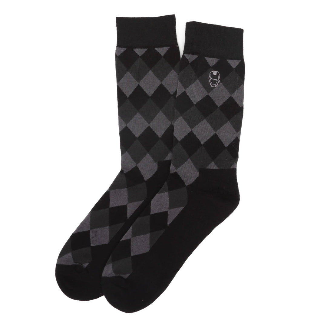 Black and gray argyle Marvel Argyle 3 Socks Pack and Lapel Pin Gift Set featuring an Iron Man helmet icon.