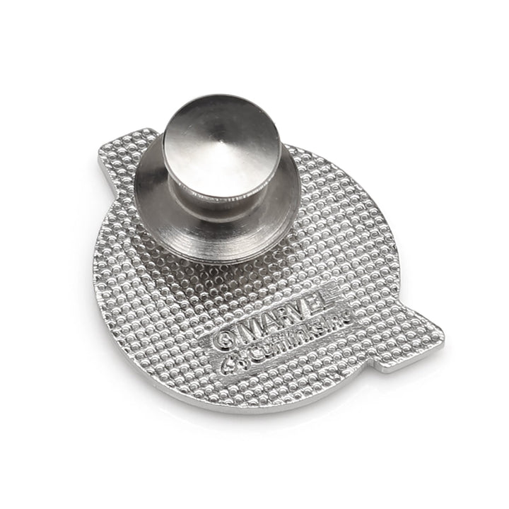 Back of the Marvel Argyle 3 Socks Pack and Lapel Pin Gift Set circular pin, showing the post backing and embossed branding on the metal surface.