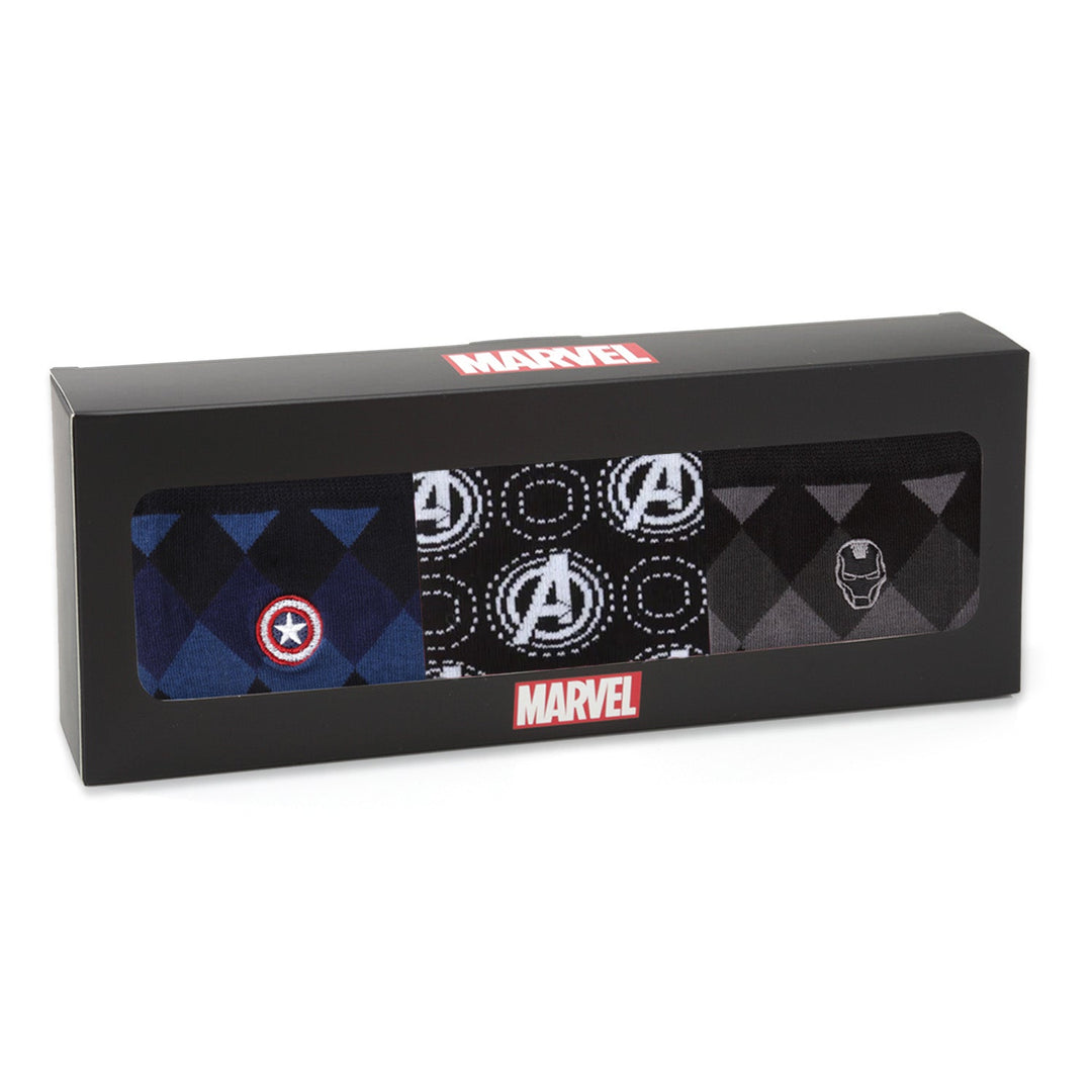 Marvel Argyle 3 Socks Pack and Lapel Pin Gift Set containing three pairs of superhero-themed Marvel socks with argyle patterns and logos, plus a metal lapel pin.
