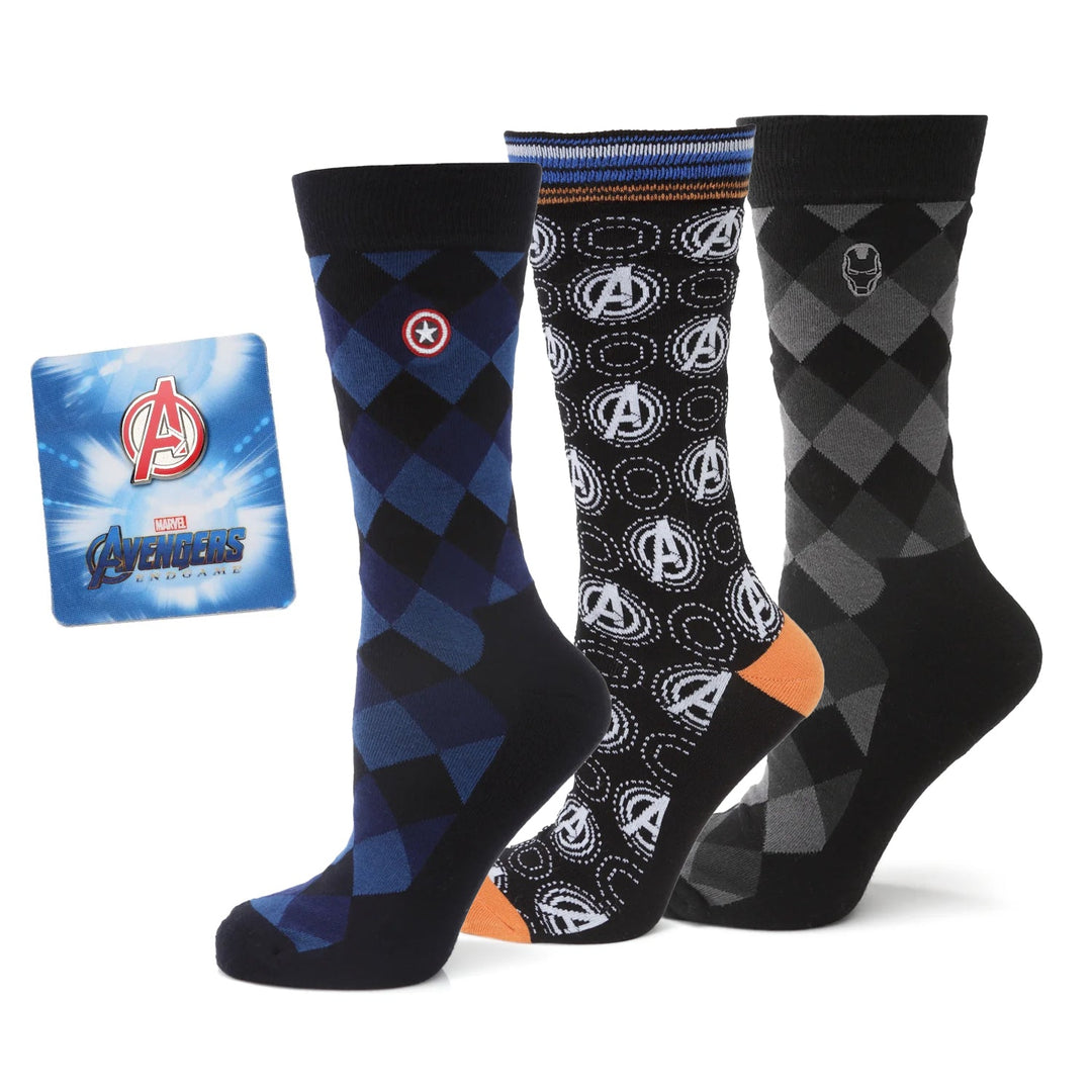 Marvel Argyle 3 Socks Pack and Lapel Pin Gift Set featuring three pairs of Marvel socks with superhero patterns and a square pin with the Avengers logo.