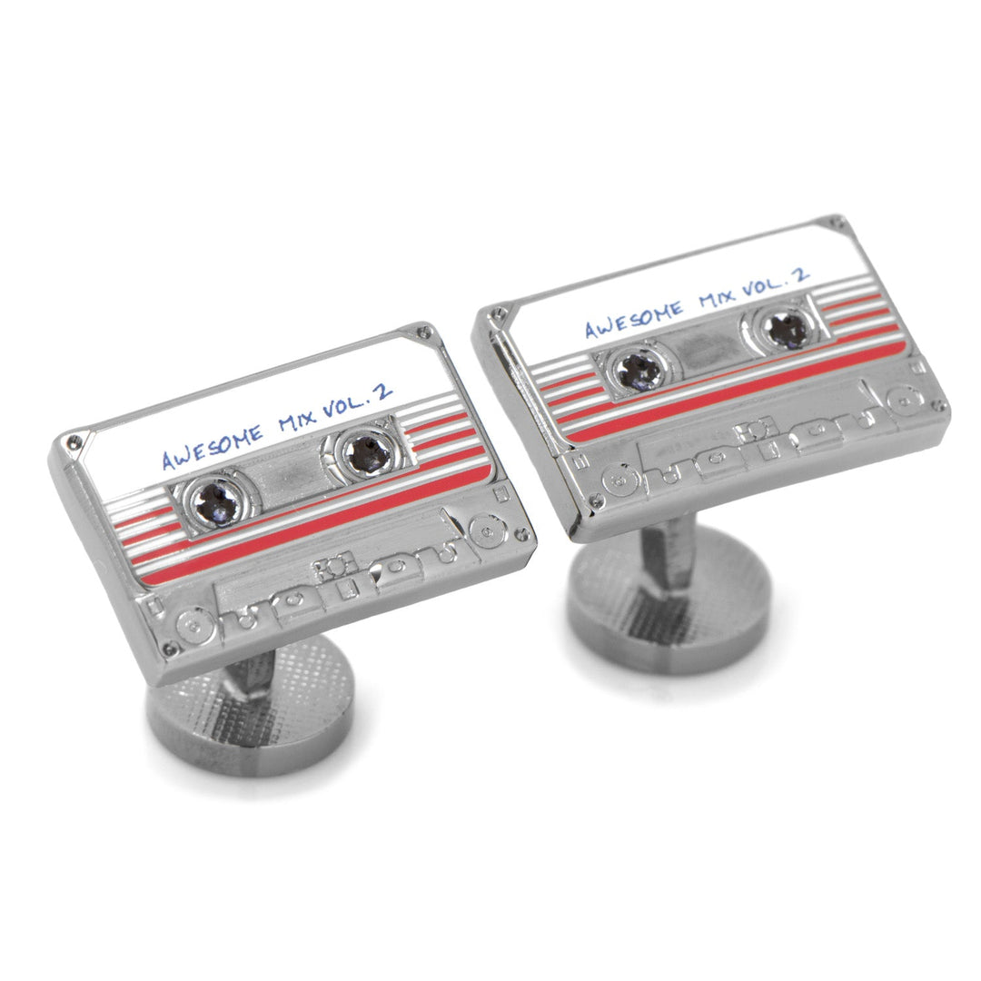Marvel Guardians of the Galaxy Awesome Mix Tape No. 2 Cufflinks in silver-tone metal, shaped like cassette tapes labeled “Awesome Mix Vol. 2”.