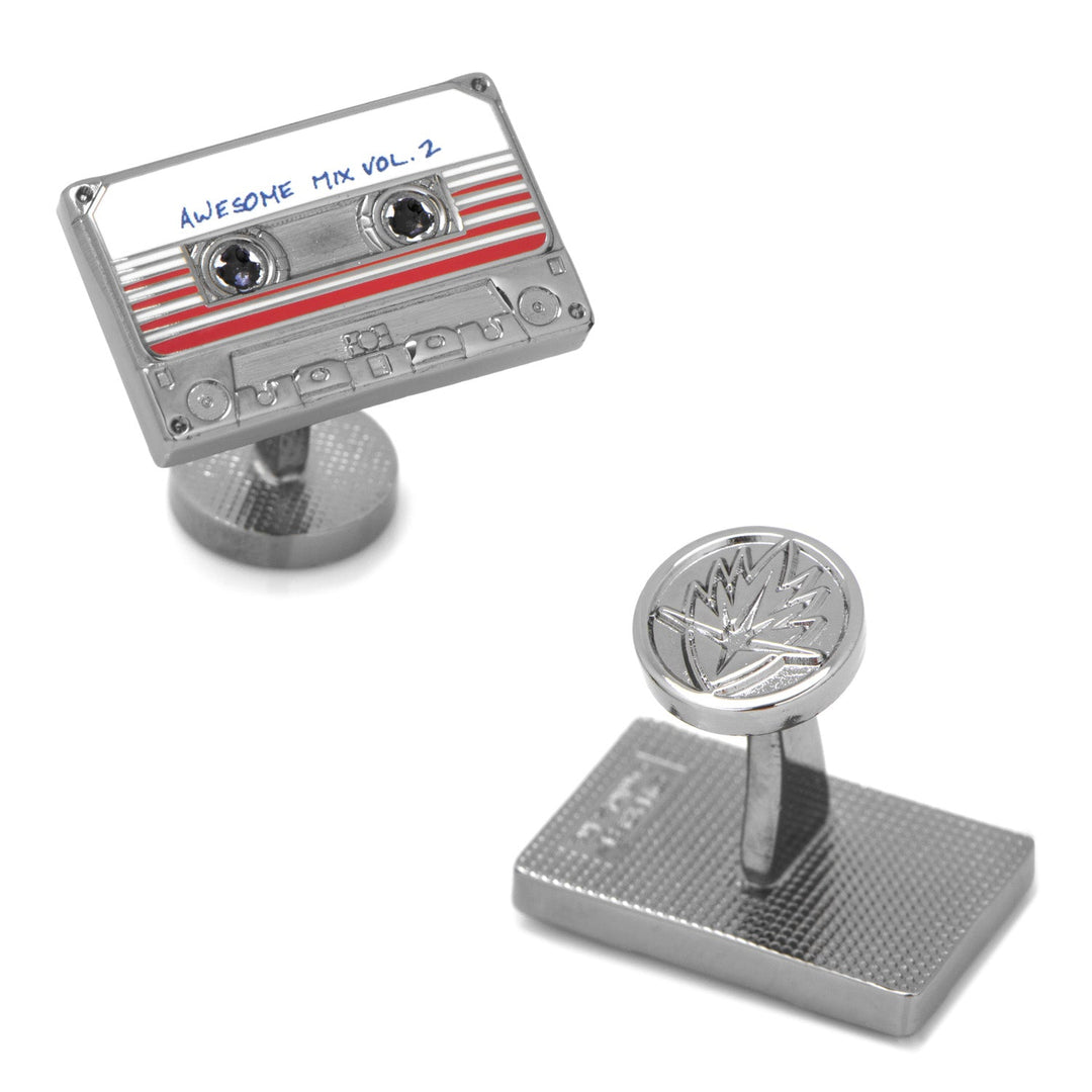Marvel Guardians of the Galaxy Awesome Mix Tape No. 2 Cufflinks featuring one metallic Awesome Mix Vol. 2 cassette tape and one star-shaped logo.