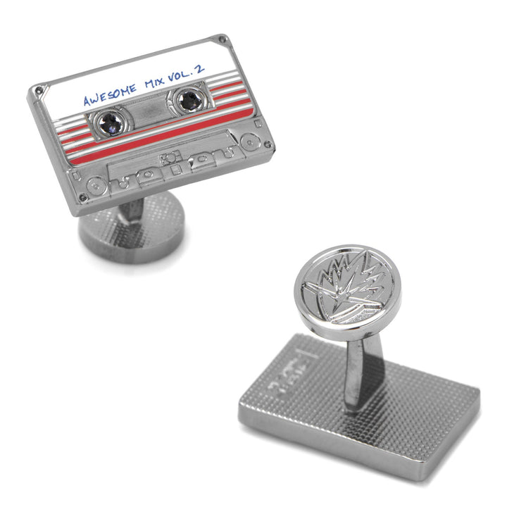 Marvel Guardians of the Galaxy Awesome Mix Tape No. 2 Cufflinks featuring one metallic Awesome Mix Vol. 2 cassette tape and one star-shaped logo.