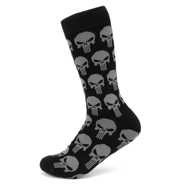Marvel Punisher Black Socks and Silver Lapel Pin Gift Set featuring black crew socks with a repeating grey Punisher skull logo pattern.