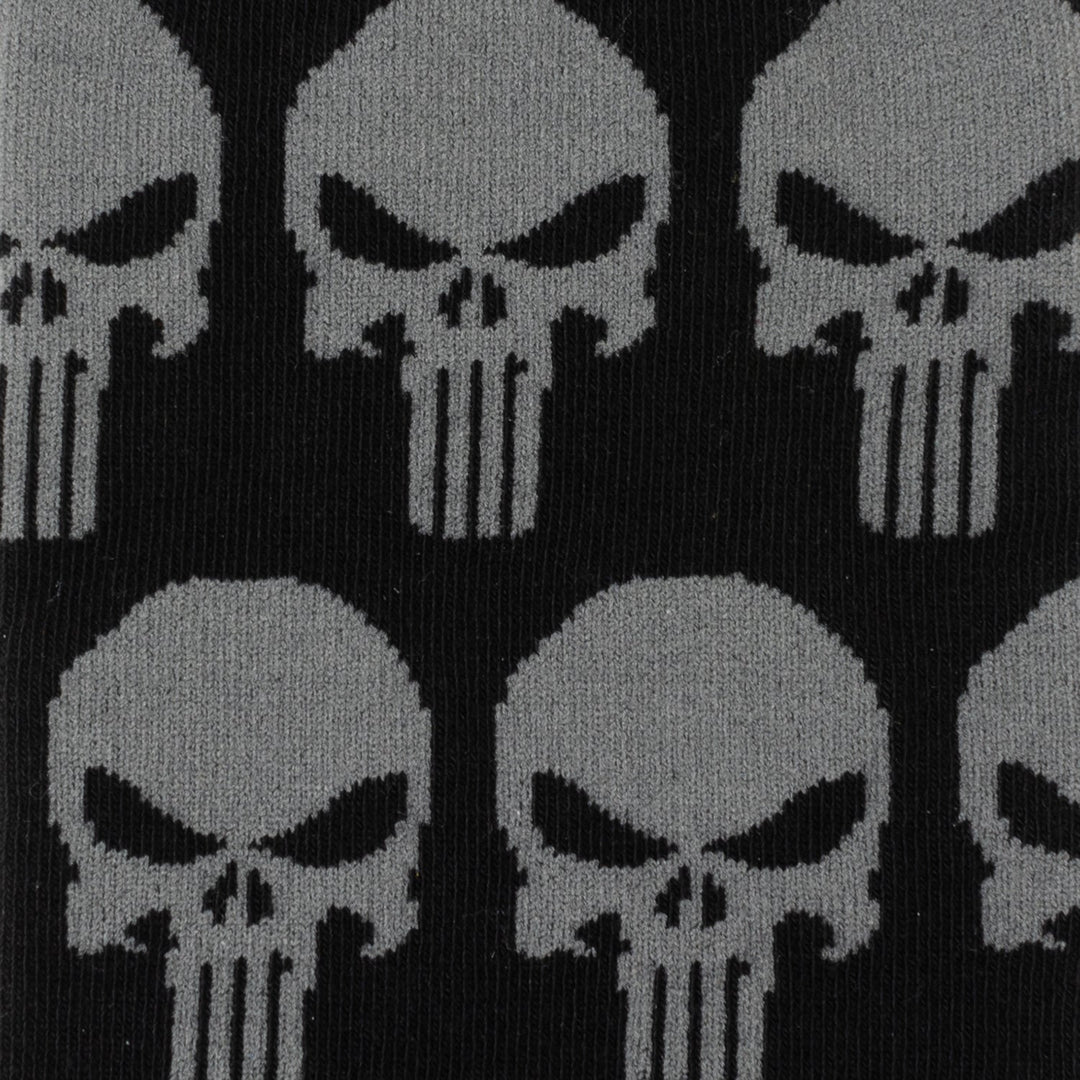 Marvel Punisher Black Socks and Silver Lapel Pin Gift Set featuring black fabric with a repeating grey Punisher skull motif.