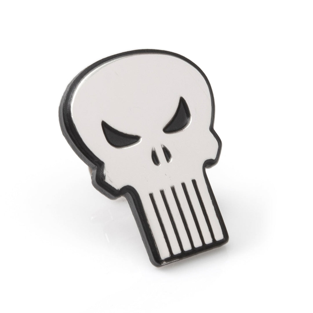 Marvel The Punisher Silver Lapel Pin shaped like a stylized skull with black eye sockets and vertical nose and teeth markings.