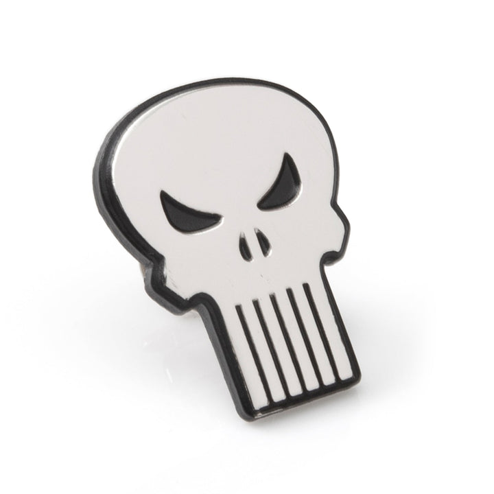 Marvel The Punisher Silver Lapel Pin shaped like a stylized skull with black eye sockets and vertical nose and teeth markings.