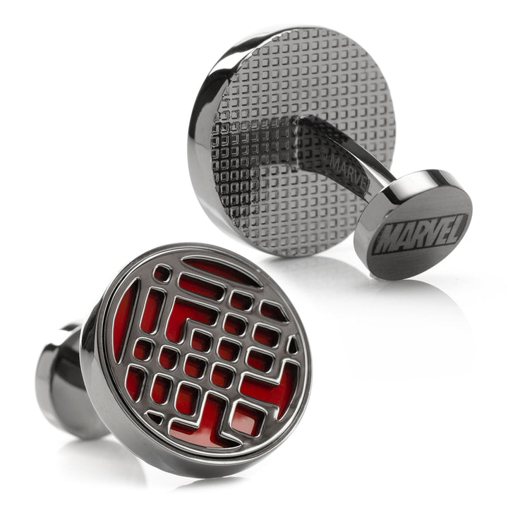 Marvel Shang-Chi Men’s Cufflinks featuring a round silver grid pattern over a red background, with the Marvel logo engraved on the silver backings.