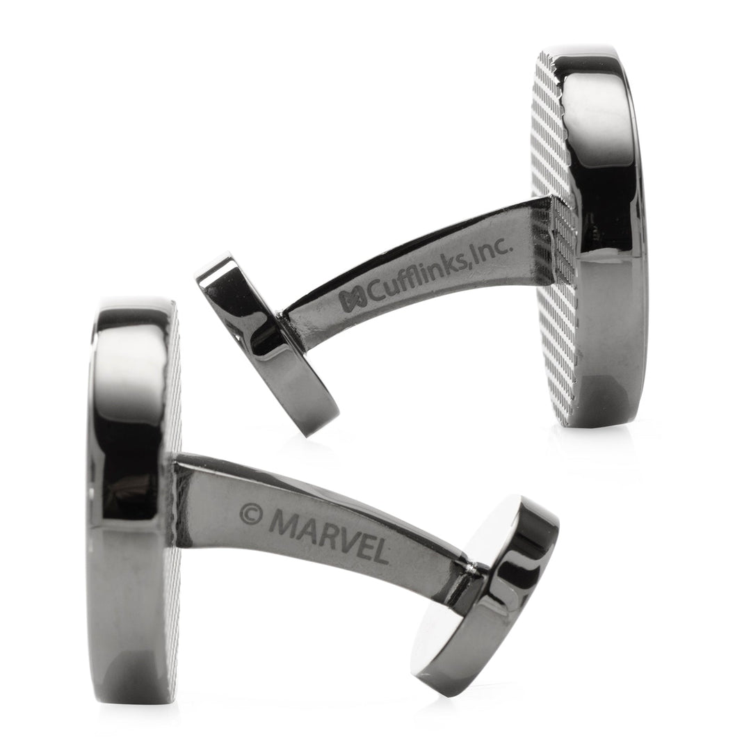 Two gunmetal-colored Marvel Shang-Chi Men’s Cufflinks with circular faces, shown from the side to display brand and copyright engravings on the posts.