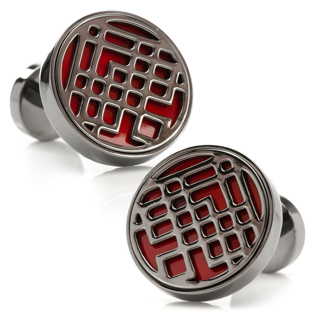Marvel Shang-Chi Men’s Cufflinks featuring two round, gunmetal discs with a red grid pattern and cut-out geometric shapes.