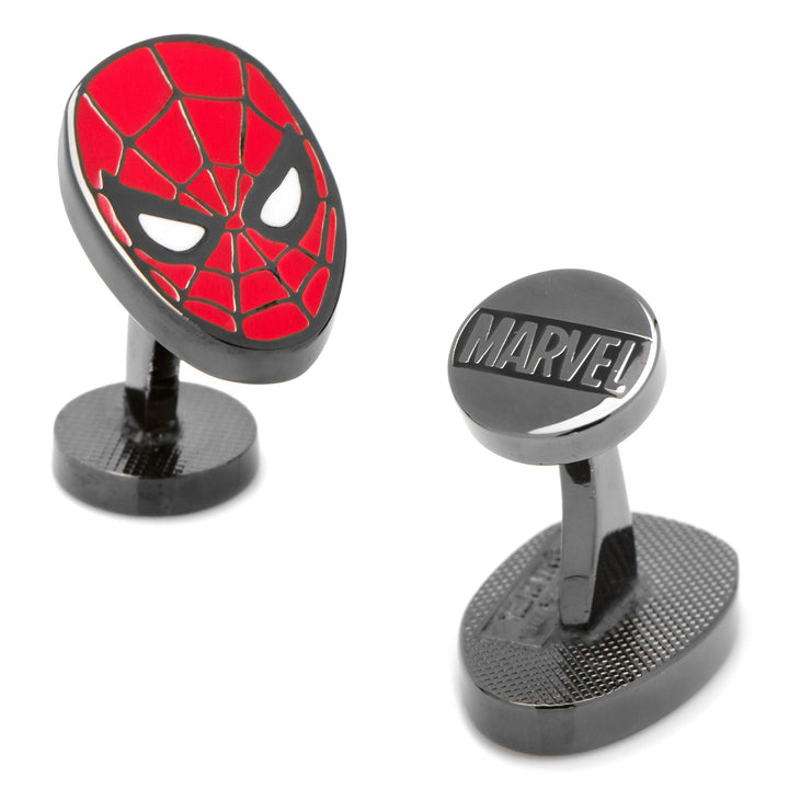 Marvel Spider-Man Cufflinks featuring a red and black spider-themed mask on one and the word “MARVEL” embossed on a circular top on the other.
