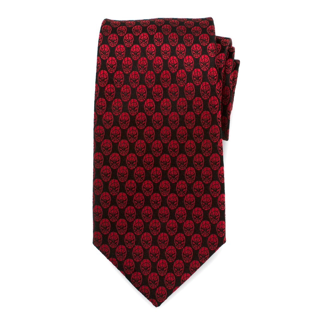 Marvel Spider-Man Mask Red Men’s Tie in crimson with a repeating pattern of black Spider-Man mask outlines.