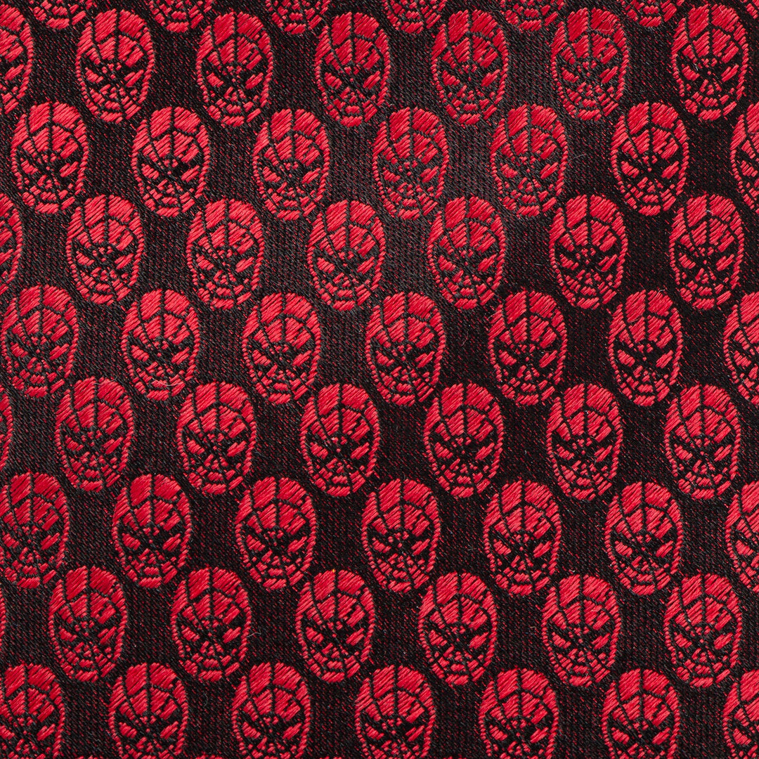 Marvel Spider-Man Mask Red Men’s Tie in red fabric with a repeating black spider mask motif.